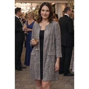 Chicos Lace Jacket Womens Sz 2 US 12 Large 3/4 Sleeve Gray Silver Event Evening